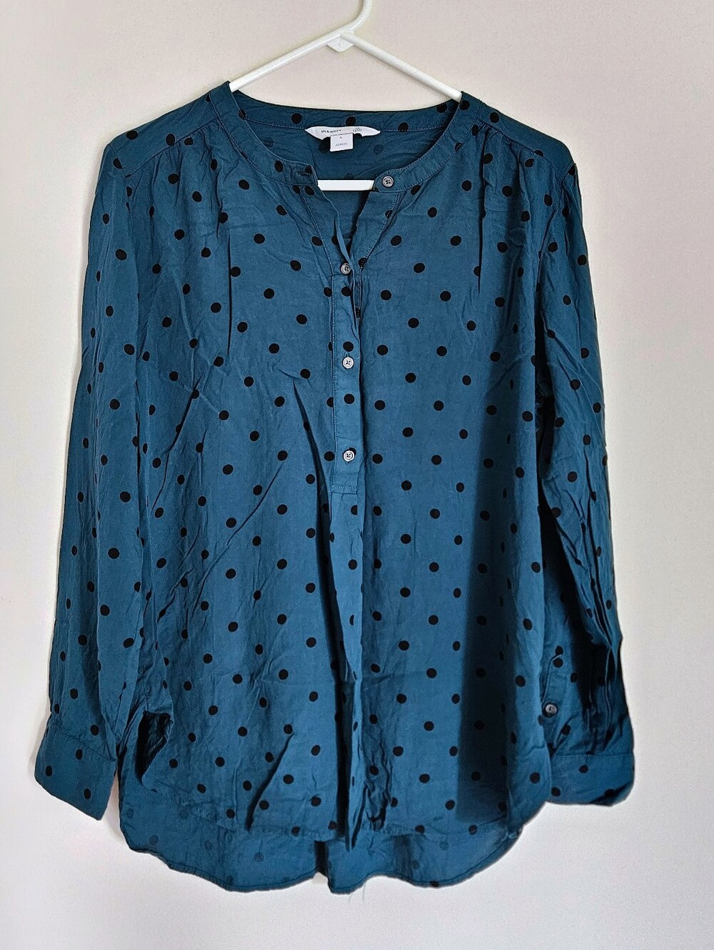 5/$30 EUC Old Navy Tunic Blouse in Peacock Green w/ Black Polka Dots, Women's LG